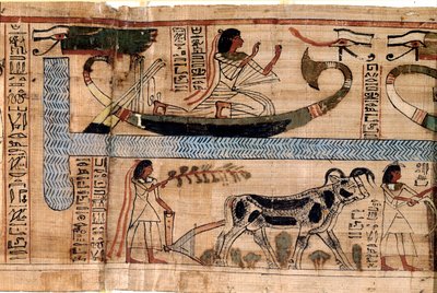 Ägyptische Antiquität: der Name des Verstorbenen Aner auf dem Boot des Osiris, Szene des Pflügens und Wiegens der Seelen (Psychostase). Papyrus aus einem Totenbuch, 20. Dynastie, aus Theben. Turin, Ägyptisches Museum von Egyptian 18th Dynasty