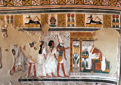 Ägyptische Antike: Horus führt Roy und seine Frau zu Osiris. Fragmente eines Freskos aus dem Grab von Roy (TT255). 18. Dynastie. Vom Westufer von Luxor, Ägypten von Egyptian 18th Dynasty