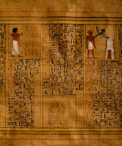 Teil des Totenbuchs mit Text in vertikalen Hieroglyphenspalten und Einsätzen mit polychromen Illustrationen, Papyrus, 34 cm x 14 cm, aus dem Grab von Kha in Deir el-Medina, ägyptische Zivilisation, Neues Reich, Dynastie XVIII von Egyptian 18th Dynasty