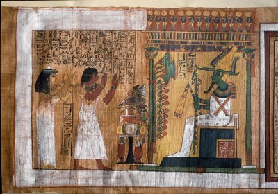 Der verstorbene Kha und seine Frau Merit verehren Osiris, Herrn des Jenseits. Papyrus aus dem Totenbuch, aus der Grabkammer des Architekten Kha von Egyptian 18th Dynasty
