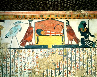 Mumie auf einem Totenbett mit verschiedenen Gottheiten, aus dem Grab von Nefertari, Neues Reich von Egyptian 19th Dynasty