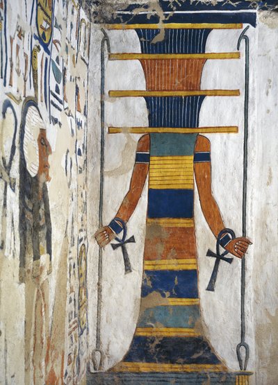 Osiris als Djed-Säule mit einem Was-Zepter in jeder Hand und einem Ankh an jedem Handgelenk (Detail) von Egyptian 19th Dynasty