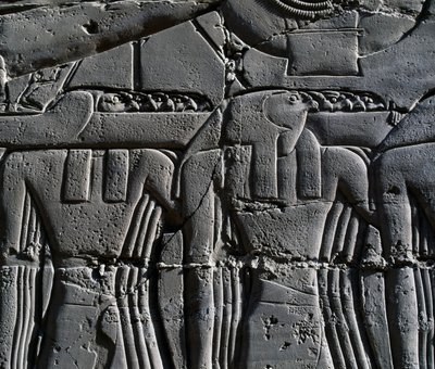 Priester mit Falkenmaske, Detail aus einer Szene, die Ramses II. vor dem heiligen Boot darstellt, Relief, Innenwände der Großen Säulenhalle, Karnak-Tempelkomplex (Unesco-Welterbeliste) von Egyptian 19th Dynasty