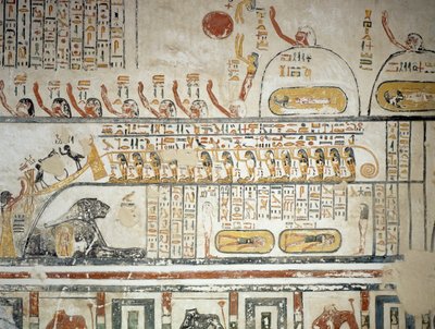 Prozession, die der Himmelsnavigation des Sonnengottes Ra folgt, Buch der Erde, Detail aus den Fresken der Grabkammer des Grabes von Ramses VI, Tal der Könige, Luxor, Theben (Unesco-Weltkulturerbe) von Egyptian 20th Dynasty