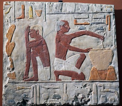 Vorbereitung und Backen von Brot, 2500-2350 v. Chr. (bemalter Kalkstein) von Egyptian 5th Dynasty