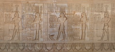 Ägyptische Antiquität: Prozession der Gottheiten - Detail der Ostwand des Tempels der Göttin Hathor in Denderah, Ägypten - Ägyptische Zivilisation: Prozession der Gottheiten, geschnitzt an der Wand des Hathor-Tempels in Denderah, erbaut unter der von Egyptian 6th Dynasty