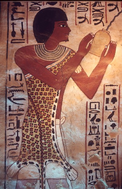 Altes Ägypten, Grab von Sennufer, Theben, Luxor, Wandmalerei, Fresko, Wandbild, Sennufers Sohn leitet das Totenmahl, trägt Leopardenfellrobe von Egyptian Egyptian