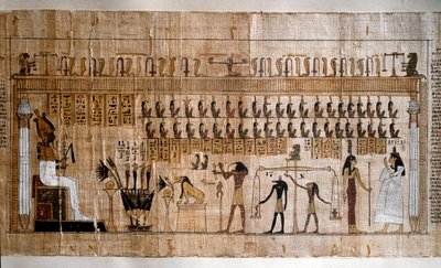 Ägyptische Antike: das Wiegen der Seelen (Psychostase). Papyrus eines Totenbuchs. Turin, Ägyptisches Museum - Antikes Ägypten: das Wiegen der Seelen (Psychostase). Papyrus aus dem Totenbuch. Ägyptisches Museum, Turin, Italien von Egyptian Egyptian