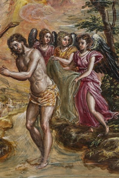 Tragbarer Altar: Detail des rechten Türflügels, der die Taufe Christi darstellt von El Greco