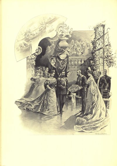 Alexandra Fjodorowna und Nikolaus II. während des feierlichen Empfangs in der französischen Botschaft, 1899 von Elena Petrovna Samokish Sudkovskaya