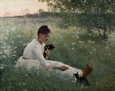 Mädchen mit Katzen in einer Sommerlandschaft von Elin Danielson Gambogi