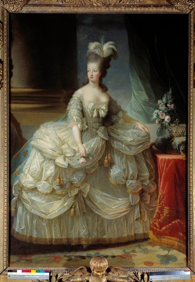 Ganzkörperporträt von Marie Antoinette von Lothringen-Habsburg, Königin von Frankreich, in großem Hofkleid, eine Rose in der Hand von Elisabeth Louise Vigee Lebrun