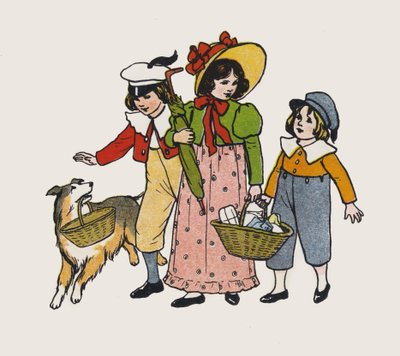 Kinder gehen spazieren (Farblithographie) von Elise H. Stewart