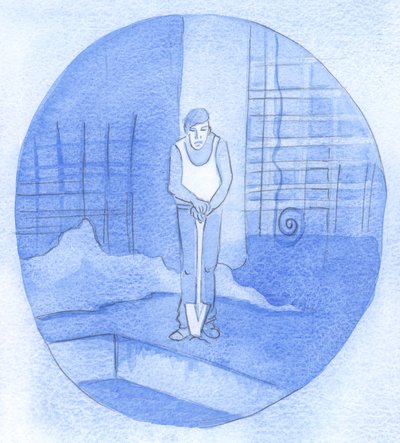 Ein Arbeiter lehnt sich auf seine Schaufel inmitten des Durcheinanders und der Unordnung einer Baustelle, ohne den Grund für all seine Mühe zu sehen: So ist es mit uns, wenn wir im Glauben ausharren! von Elizabeth Wang