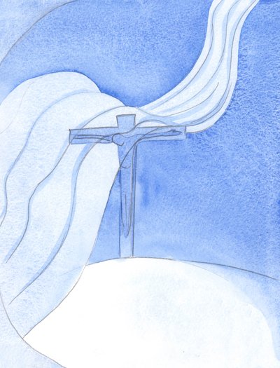 Während Christus sein Blut in einem neuen Bund vergießt, fegt ein großer bösartiger Wind über das Kreuz und bedroht und zerstört, 2001 von Elizabeth Wang