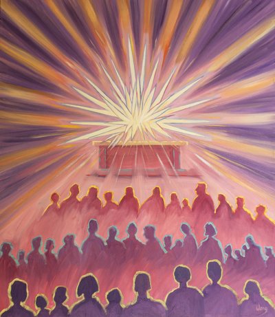 Bei der Messe umhüllt die göttliche Liebe des Vaters Jesus in einem weißen Feuer des Opfers von Elizabeth Wang