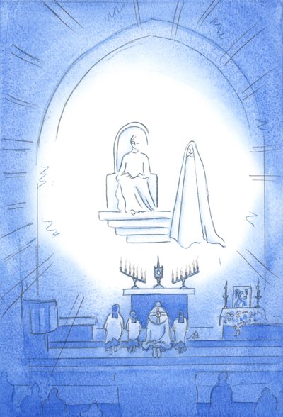 Christus ist über uns in Herrlichkeit thronend bei unserer Novene und Benediktion, die wie eine himmlische Feier ist. Unsere Mutter Maria steht freudig nahebei, 2002 von Elizabeth Wang