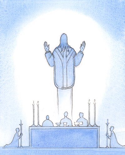 Christus, unser auferstandener Herr, war über dem Altar gegenwärtig, als ob er aus dem Grab aufsteigt, seine Hände zum Vater erhoben, für uns Fürbitte haltend, die an ihn glauben, unseren Hohepriester von Elizabeth Wang