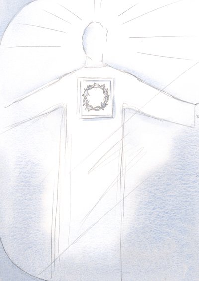 Christus der Hohepriester erscheint in Majestät, sein Gewand trägt das Bild der Dornenkrone. von Elizabeth Wang