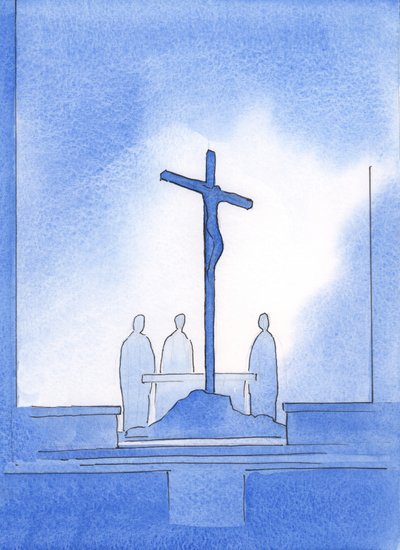 Gott zeigte mir, dass unsere drei Priester, die das Heilige Opfer darbrachten, um das Kreuz standen, an dem Christus starb von Elizabeth Wang