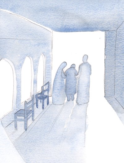 Er hatte Mitleid mit mir und begleitete mich zu meiner Arbeit, er auf der einen Seite und seine heilige Mutter auf der anderen. von Elizabeth Wang