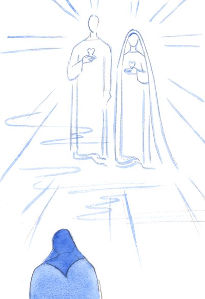 Mir wurden die Zwei Herzen gezeigt: das des sündenlosen Christus und das seiner Unbefleckten Mutter, im strahlenden Licht des Himmels von Elizabeth Wang