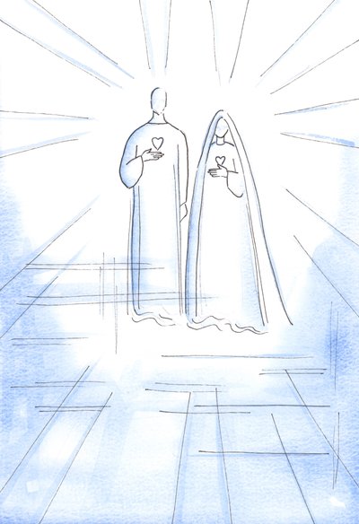 Mir wurden die Zwei Herzen gezeigt: das sündlose Herz Christi und das Unbefleckte Herz seiner Mutter, im strahlenden Licht des Himmels von Elizabeth Wang
