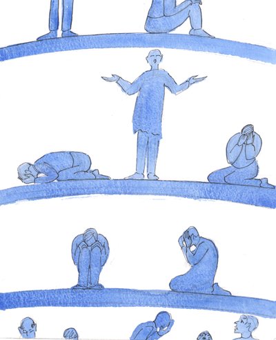 In den unteren Tiefen des Fegefeuers sind Seelen - wie verzweifelte Menschen in einem mittelalterlichen Kerker, die sich dicht an die Wände drücken - die niemanden haben, der für sie betet von Elizabeth Wang