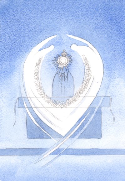 Beim Gruß an Christus, den König, sah ich eine Hostie, umgeben von Strahlen, mit einer Krone darüber, einem königlichen Kranz darunter und Engeln, die sich in Anbetung verneigten. von Elizabeth Wang
