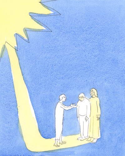 Wer bereit ist, das Gebet aufzugeben, um einem bedürftigen Nachbarn zu helfen, streckt, wenn sie hilft, die Hand nach Christus aus, der mit Liebe und Dankbarkeit zusieht von Elizabeth Wang