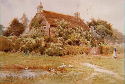 Eine Frau und Enten nahe einem Cottage im Sommer von Elliot Henry Marten
