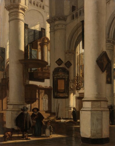 Innenraum einer protestantischen gotischen Kirche mit einem Totengräber im Chor von Emanuel de Witte