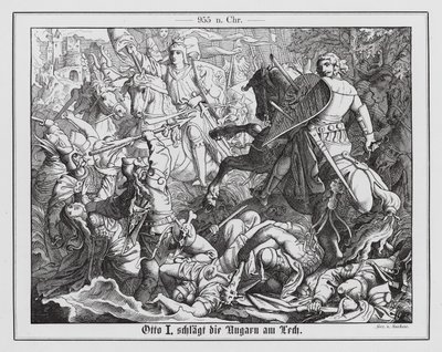 Otto I. von Deutschland besiegt die Magyaren in der Schlacht auf dem Lechfeld, 955 (Gravur) von Emil Eugen Sachsse
