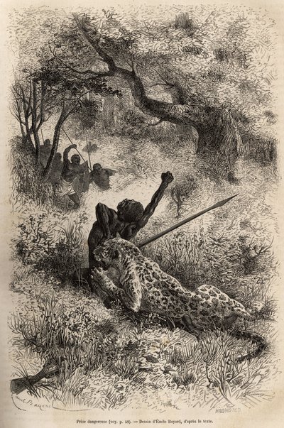 Ein Leopard springt auf einen Mann und beißt ihn grausam in den Rücken, in der Nähe von Bambare (Kongo), Gravur nach einer Zeichnung von Emile Bayard, die David Livingstones letztes Tagebuch (1813-1873) illustriert, in 1866-1873, veröffentlicht in "Le tour von Emile Antoine Bayard