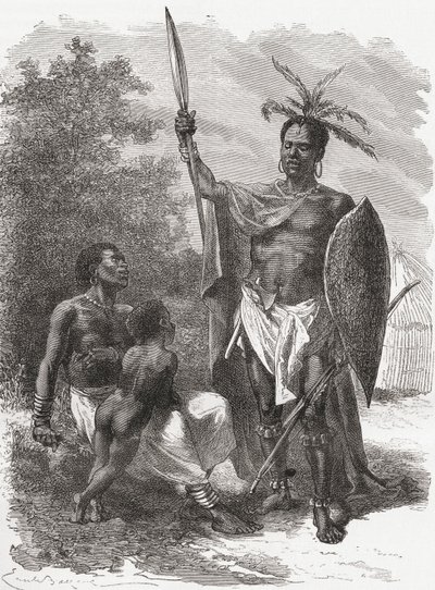 Ein Eingeborener von Ougogo, Zentralafrika, in Kriegskleidung, Illustration aus 