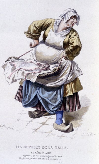Gesamtwerk von Beaumarchais (1732-1799) von Edouard Fournier. Zeichnung von Emile Bayard. Ed. Laplace, Sanchez et Cie, Paris 1876. Dies ist Mutter Chaplu in „Die Abgeordneten der Halle“ von Emile Antoine Bayard