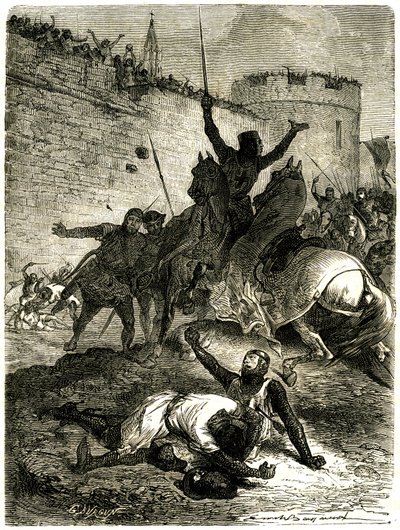 Kreuzzug gegen die Albigenser - Belagerung von Toulouse, 25. Juni 1218. Simons Bruder de Montfort wurde gerade von einem Pfeil verletzt, Simon de Montfort selbst wird von einer Katapultkugel getötet, es heißt, von einer der Frauen von Toulouse, die von Emile Antoine Bayard