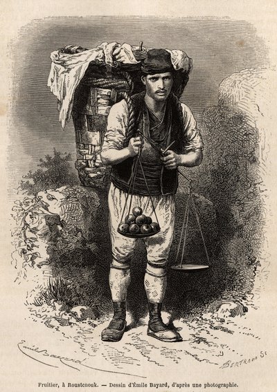 Obsthändler, ein wandernder Händler von frischem Obst, mit seiner Transporthaube und tragbaren Waage auf dem Rücken, in Roustchouk (Rumänien), Gravur nach einer Zeichnung von Emile Bayard, Illustration der Reise nach Bulgarien von Guillaume Lejean, 1867 von Emile Antoine Bayard