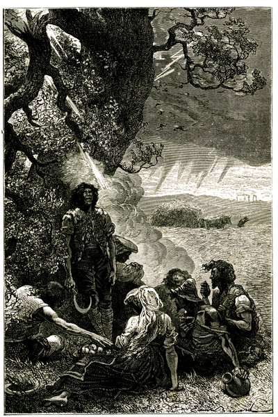 Gruppe von Erntearbeitern, die während eines Sturms von einem Blitz getroffen wurden, während sie unter einem Baum Schutz suchten von Emile Antoine Bayard