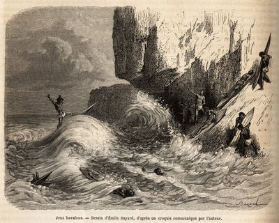 Hawaiianische Spiele am Abgrund von Mokapuu auf der Insel Oahu, die Einwohner vergnügten sich mit ihrem Lieblingsspiel: Surfen, Gravur nach einer Zeichnung von Emile Bayard, Illustration der Reise zu den Sandwich-Inseln, 1855-1869 von Emile Antoine Bayard