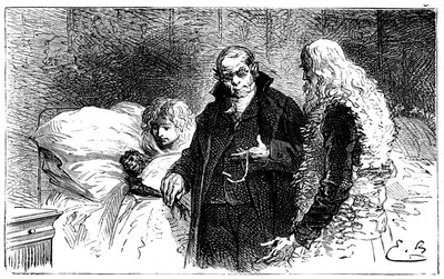 Illustration von Emile Bayard für Hector Malots Roman „Sans Famille“: Joli-Coeur (schönes Herz), der kranke Wissenschaftsaffe wird von einem Arzt untersucht (auskultiert von einem Arzt, der ihm das Huhn wegnimmt) in Anwesenheit von Remi und Monsieur Vitali von Emile Antoine Bayard