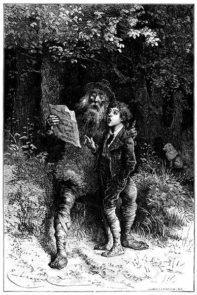 Illustration von Emile Bayard für den Roman von Hector Malot „Sans Famille“: Remi singt mit Monsieur Vitalis, reisender Künstler - Straßenmusiker, Gaukler - Edition Hetzel 1880 von Emile Antoine Bayard