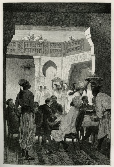 Mittagessen beim Kriegsminister, Kopfbedeckung eines Turbans, gegenüber dem Autor der Geschichte, der durch den Hof ankommt, eine Reihe von Dienern, die die Gerichte des Essens tragen, Gravur von Emile Bayard, zur Illustration der Geschichte Marokkos von E von Emile Antoine Bayard