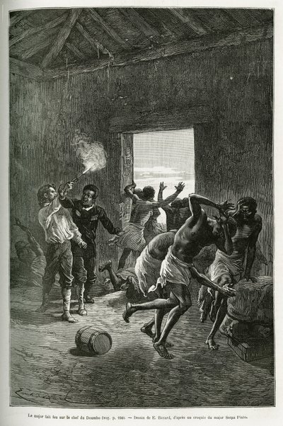 Major Serpa Pinto schoss auf den Dorfchef oder wurde gestoppt, weil er noch mehr Brandy im Austausch für seine Gastfreundschaft verlangte. Gravur von Emile Bayard, zur Illustration der Geschichte, wie ich Afrika durchquert habe, vom Atlantischen Ozean bis  von Emile Antoine Bayard