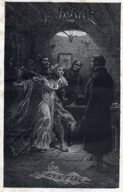 Monsieur Madeleine kommt Fantine bei ihrer Verhaftung durch Javert zu Hilfe - Illustration von Emile Bayard (1837-1891) für „Les Misérables - Erste Partie: Fantine“ von Victor Hugo (1802-1885) 1862 von Emile Antoine Bayard
