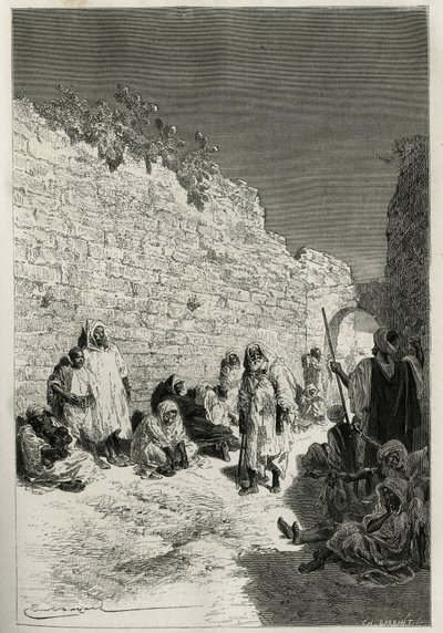 Warten auf die Audienz des Sultans, eine Gruppe von Männern, Frauen, Städtern, Landleuten, Bürgern und Bettlern in den Straßen von Fes (Fez), der Sultan gewährt dreimal wöchentlich eine Audienz für jeden, der um einen Gefallen oder Gerechtigkeit bittet, ge von Emile Antoine Bayard