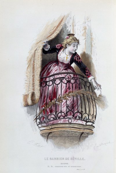 Rosine in „Der Barbier von Sevilla“ von Pierre Augustin Caron de Beaumarchais (1732-1799), Zeichnungen von Emile Bayard (1837-1891) von Emile Antoine Bayard