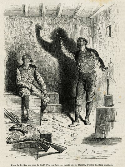 Sir Henri Morton Stanley (1841-1904) und Franck Pock, sein Begleiter bei der Erkundung, entscheiden per Münzwurf über die Route ihrer Reise, Zeichnung von Emile Bayard, zur Illustration der Geschichte "Durch den geheimnisvollen Kontinent" (Äquatorialafrika von Emile Antoine Bayard