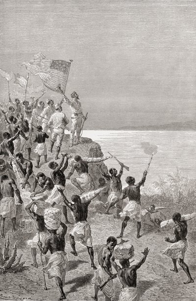 Stanley und seine Expedition sehen zum ersten Mal den Tanganjikasee, Ostafrika, 1872, Illustration aus 