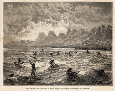 Surfen, das Lieblingsspiel der Hawaiianer, hier von Frauen, im Gleichgewicht, stehend oder sitzend, auf dem Brett, auf dem Kamm der Wellen, die sie zurück zum Strand bringen, Gravur nach einer Zeichnung von Emile Bayard, illustriert die Reise zu den Sandwi von Emile Antoine Bayard